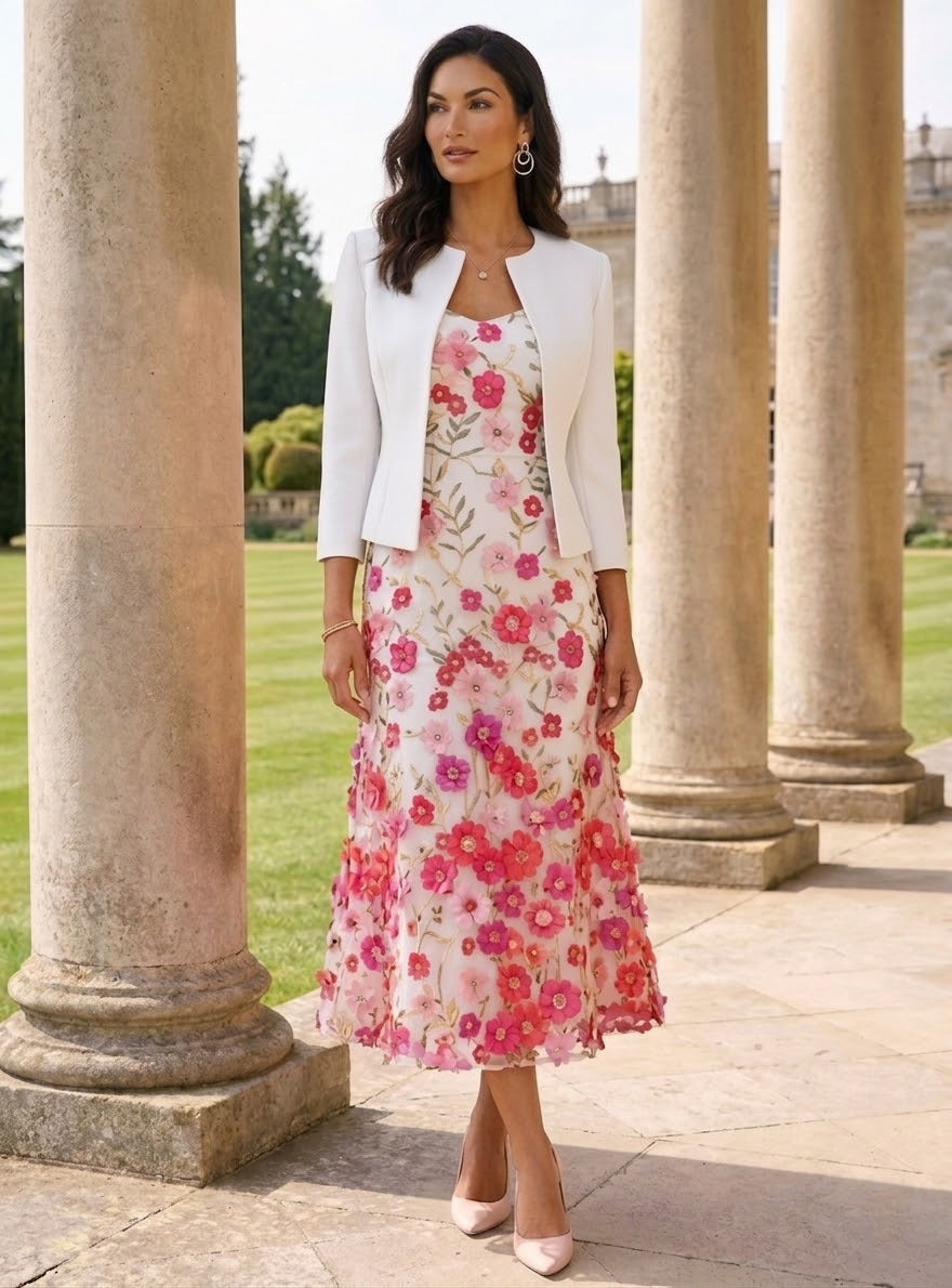 A-Line/Princess Scoop Stretch Satin Mother of the Bride Dresses with Jacket Lace Embroidery Floral Tea-Length 3/4 Sleeves