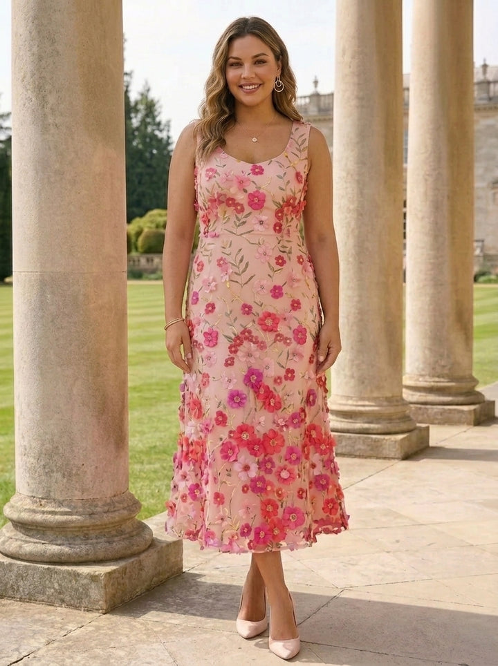 A-Line/Princess Scoop Stretch Satin Plus Size Mother of the Bride Dresses with Jacket Lace Embroidery Floral Tea-Length 3/4 Sleeves
