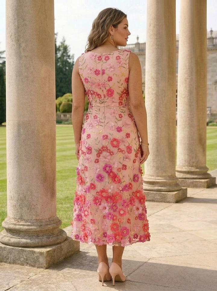 A-Line/Princess Scoop Stretch Satin Plus Size Mother of the Bride Dresses with Jacket Lace Embroidery Floral Tea-Length 3/4 Sleeves