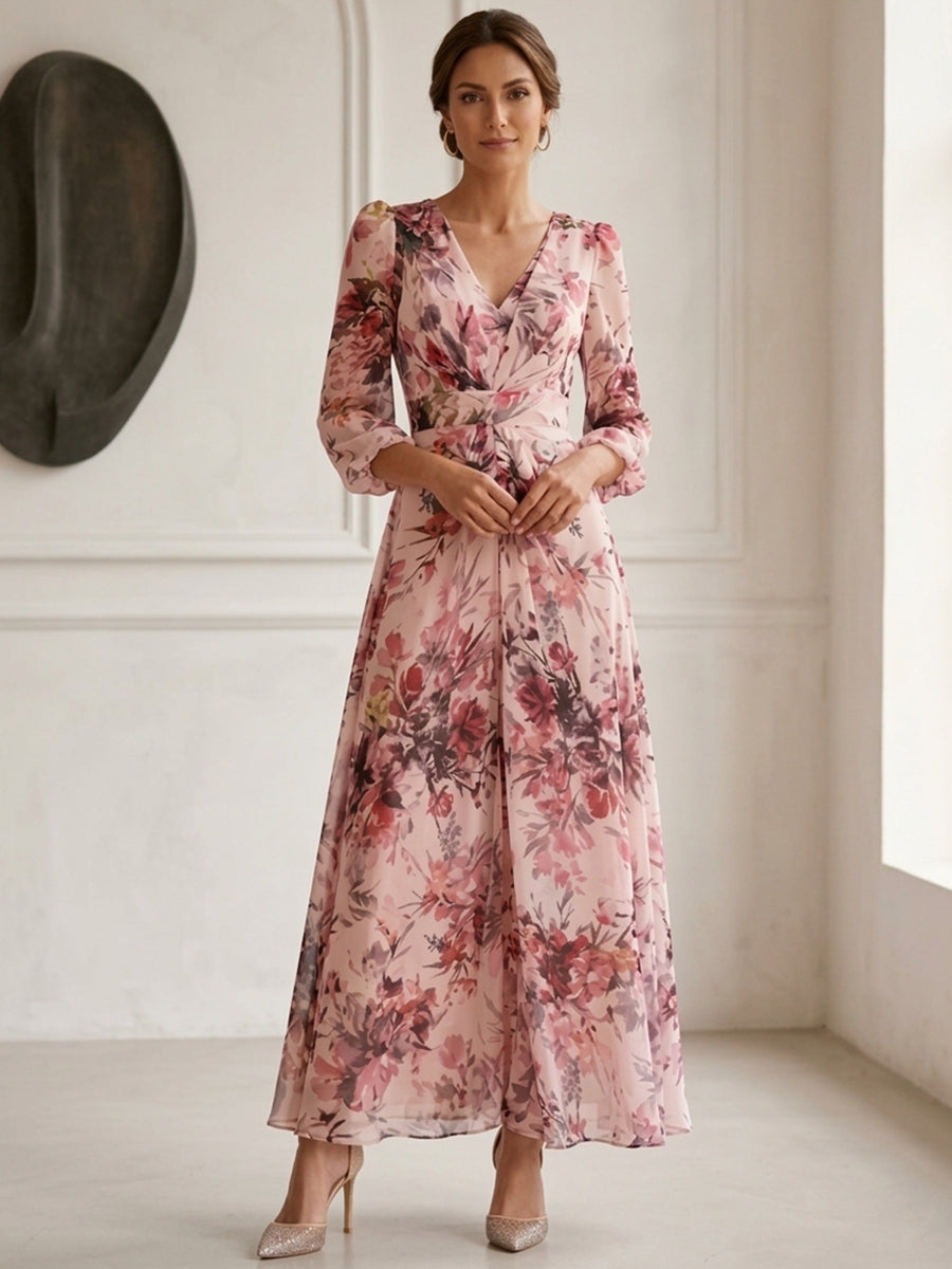 chiffon floral mother of the bride dresses Rose Floral A-Line V Neck Beaded Ruched Long Chiffon Mother Of The Bride Dresses, Blushing Pink