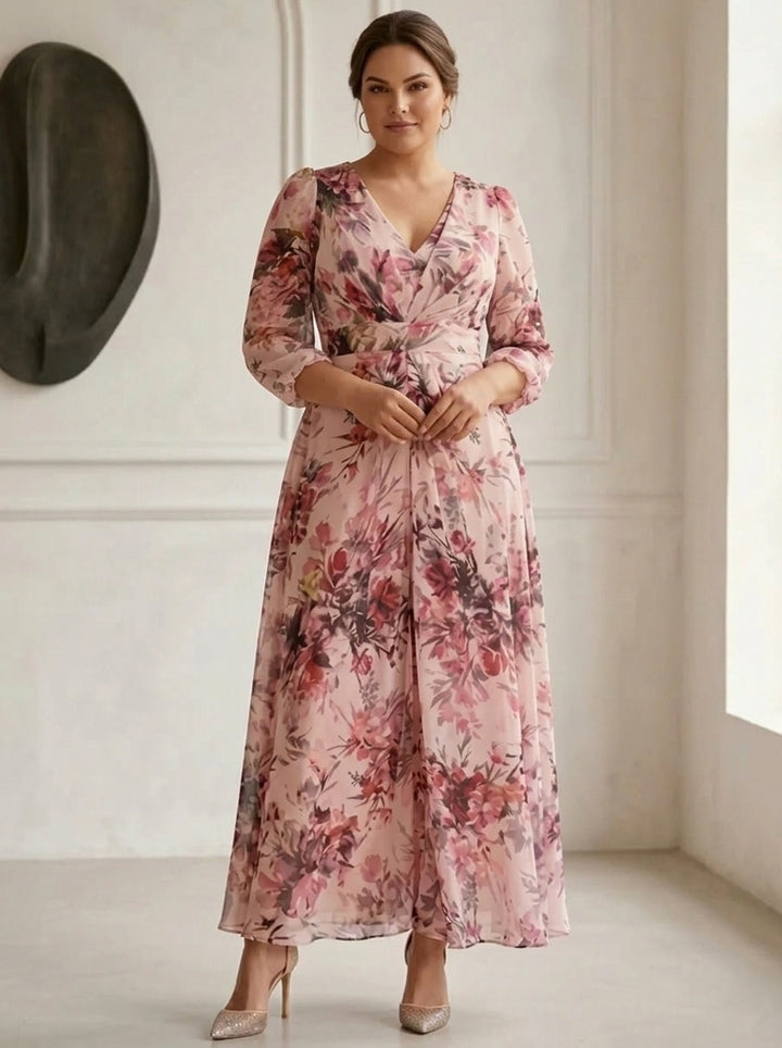 A-Line/Princess V-Neck Elastic Chiffon Plus Size Mother of the Bride Dresses with 3D Flower Floral Ankle-Length 3/4 Sleeves, As Pic