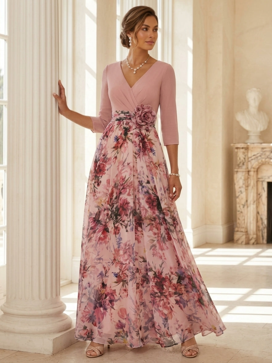 A-Line/Princess V-Neck Elastic Chiffon Mother of the Bride Dresses with 3D Flower Floral Ankle-Length 3/4 Sleeves Black