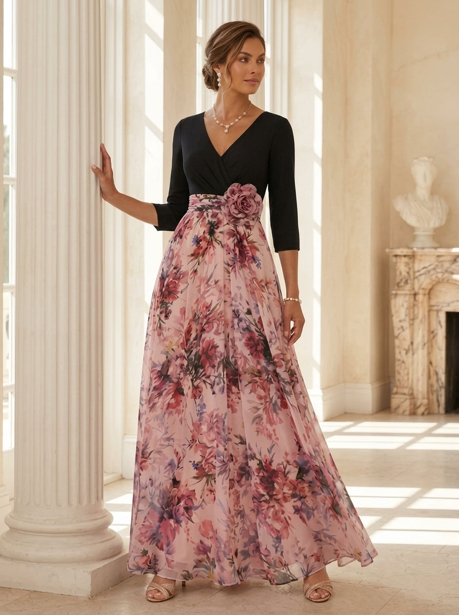 A-Line/Princess V-Neck Elastic Chiffon Mother of the Bride Dresses with 3D Flower Floral Ankle-Length 3/4 Sleeves Black