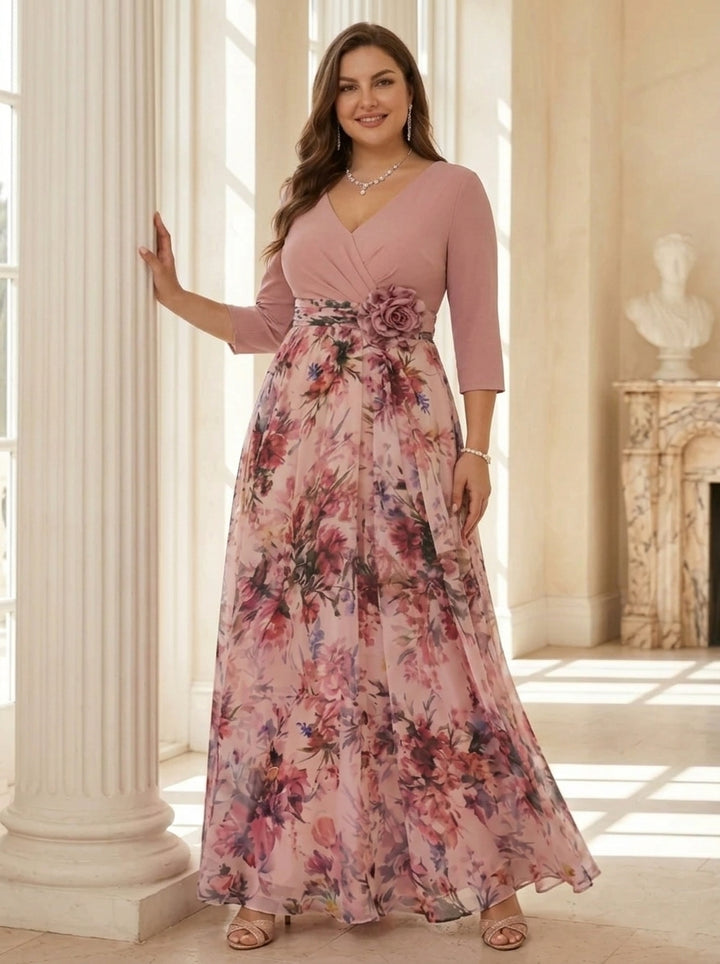 A-Line/Princess V-Neck Elastic Chiffon Plus Size Mother of the Bride Dresses with 3D Flower Floral Ankle-Length 3/4 Sleeves