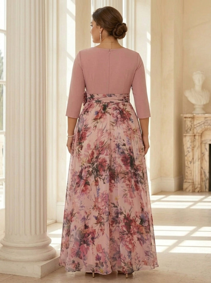 A-Line/Princess V-Neck Elastic Chiffon Plus Size Mother of the Bride Dresses with 3D Flower Floral Ankle-Length 3/4 Sleeves