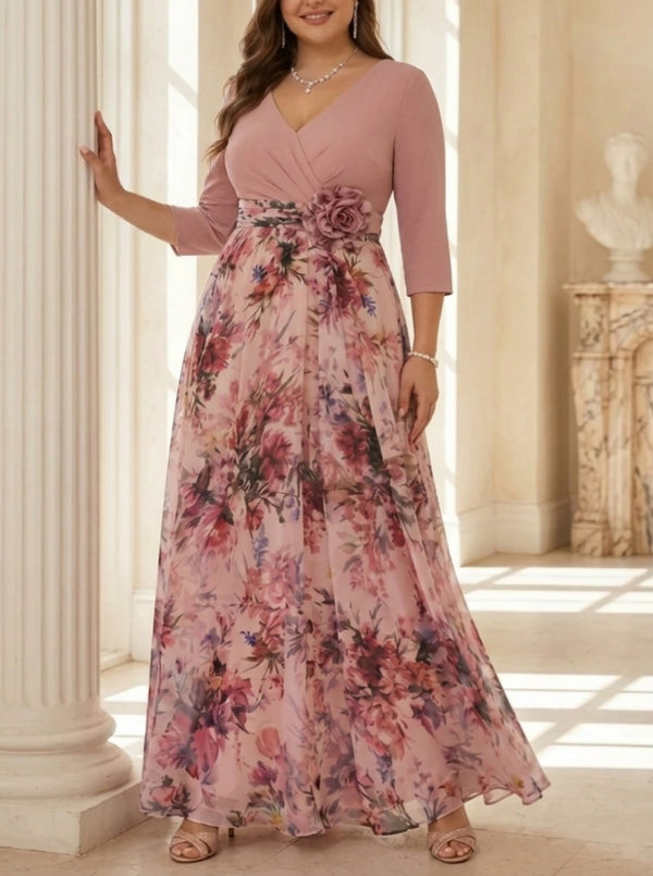 A-Line/Princess V-Neck Elastic Chiffon Plus Size Mother of the Bride Dresses with 3D Flower Floral Ankle-Length 3/4 Sleeves
