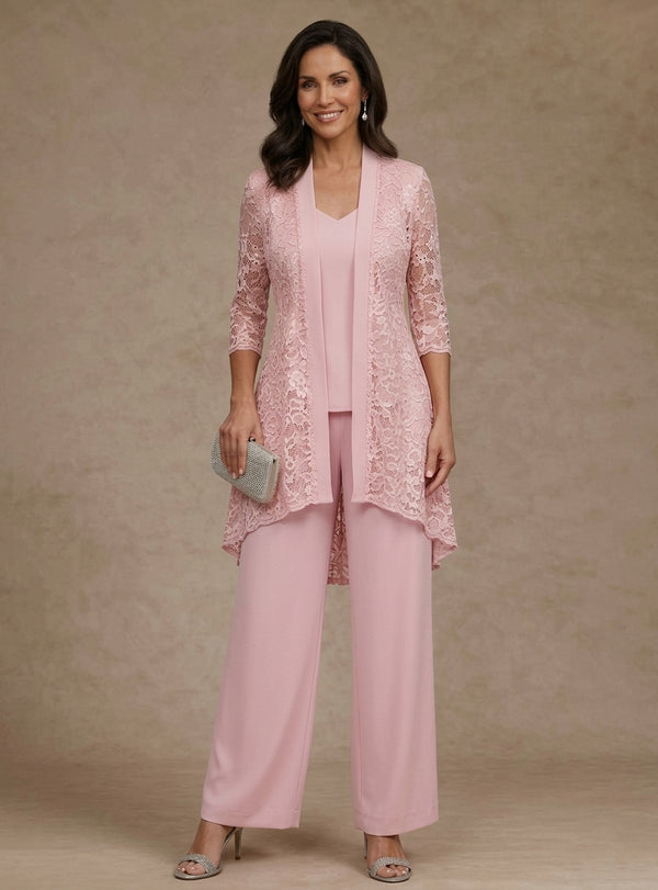 Pink 3 Pieces Suit V-Neck Chiffon Mother of the Bride Pantsuits with Jacket Lace Ankle-Length 3/4 Sleeves