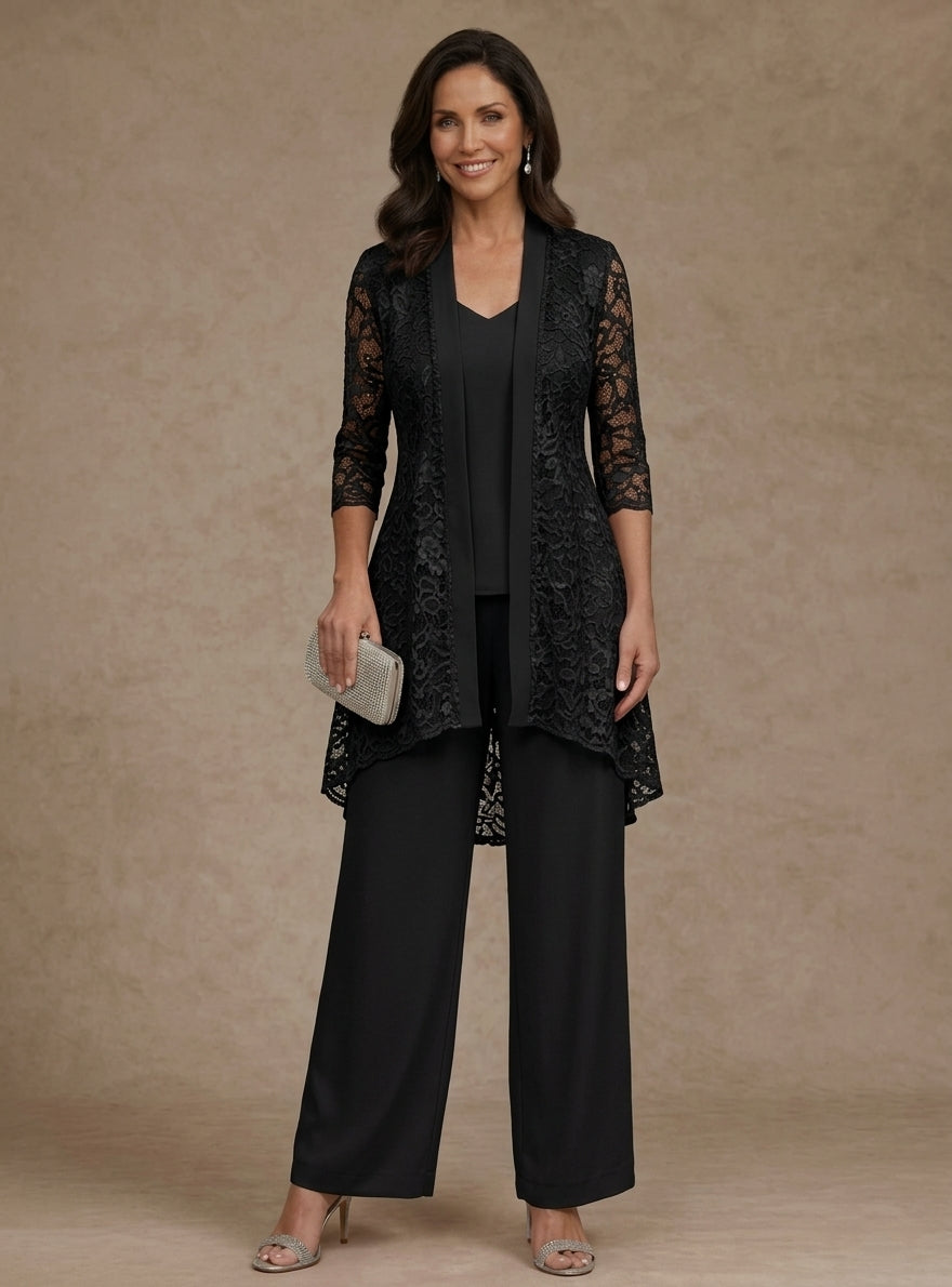 3 Pieces Suit V-Neck Chiffon Mother of the Bride Pantsuits with Jacket Lace Ankle-Length 3/4 Sleeves