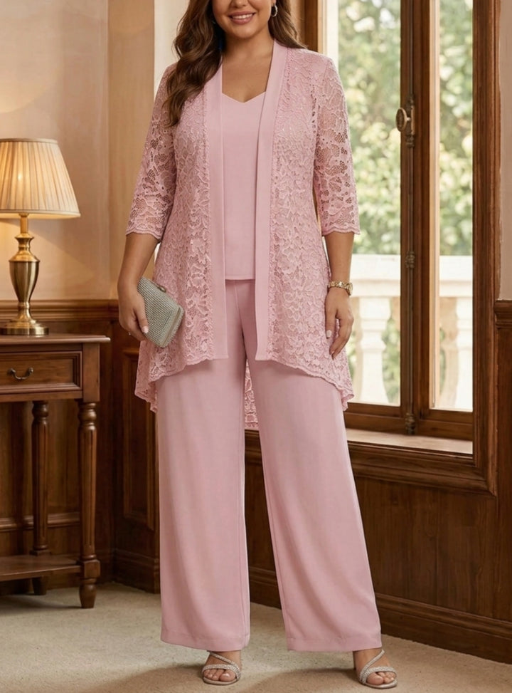 3 Pieces Suit V-Neck Chiffon Plus Size Mother of the Bride Pantsuits with Jacket Lace Ankle-Length 3/4 Sleeves