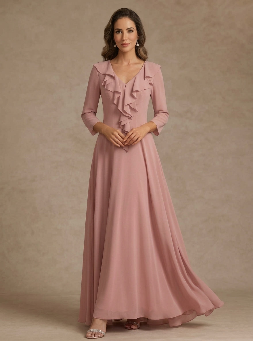 A-Line/Princess V-Neck Chiffon Mother of the Bride Dresses Floor-Length 3/4 Sleeves Ruffles