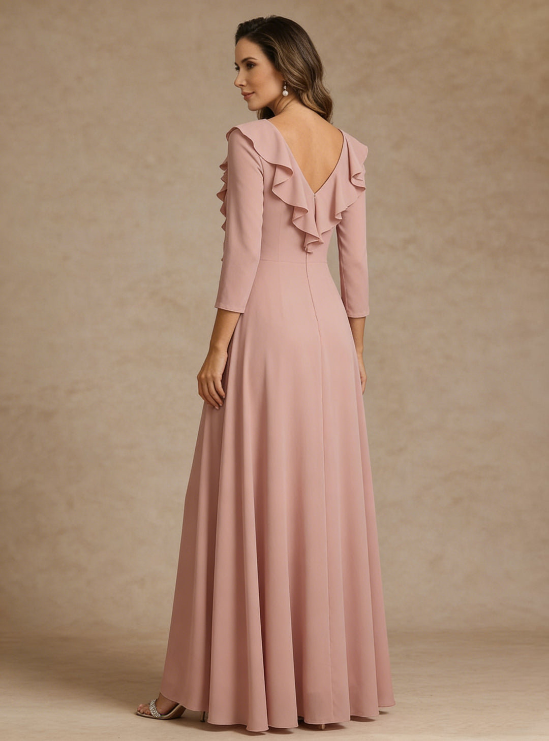 A-Line/Princess V-Neck Chiffon Mother of the Bride Dresses Floor-Length 3/4 Sleeves Ruffles