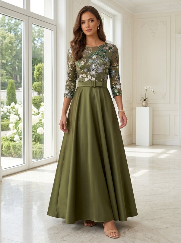 A-Line/Princess Scoop Satin Mother of the Bride Dresses Lace Sequins Floral 3/4 Sleeves Ankle-Length Belt