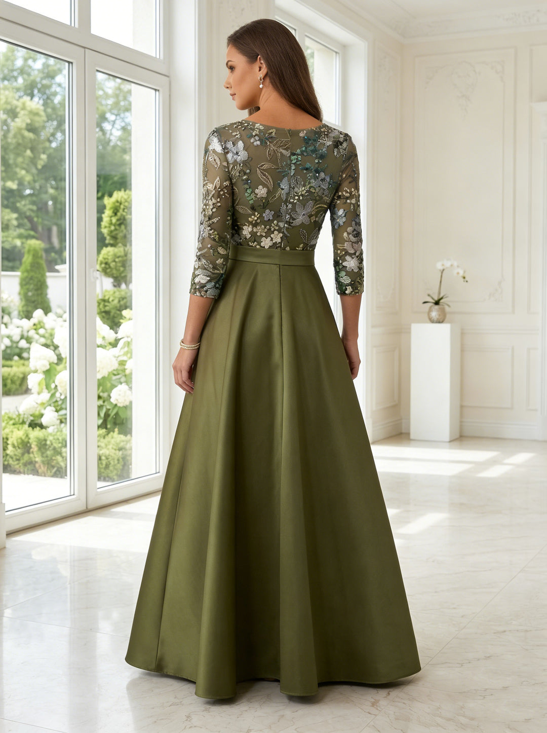 A-Line/Princess Scoop Satin Mother of the Bride Dresses Lace Sequins Floral 3/4 Sleeves Ankle-Length Belt