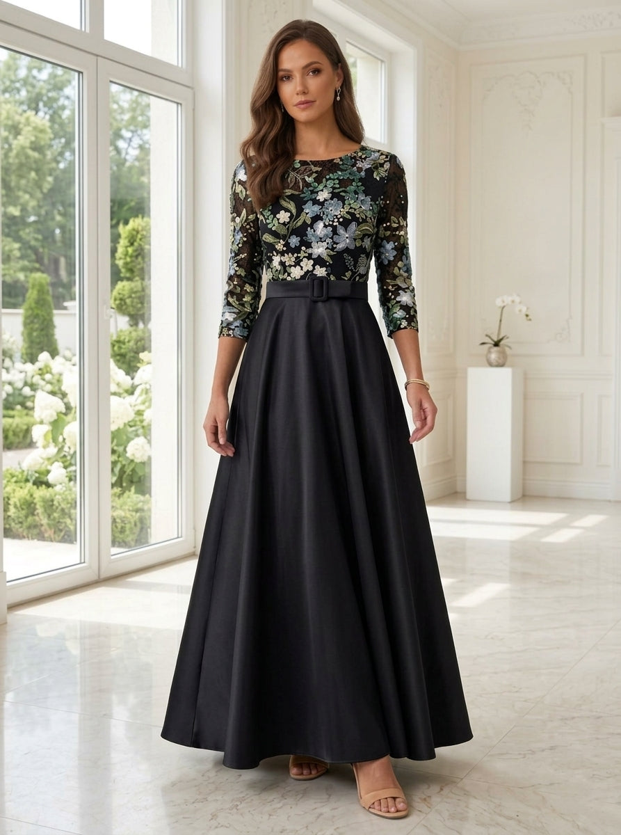 A-Line/Princess Scoop Satin Mother of the Bride Dresses Lace Sequins Floral 3/4 Sleeves Ankle-Length Belt