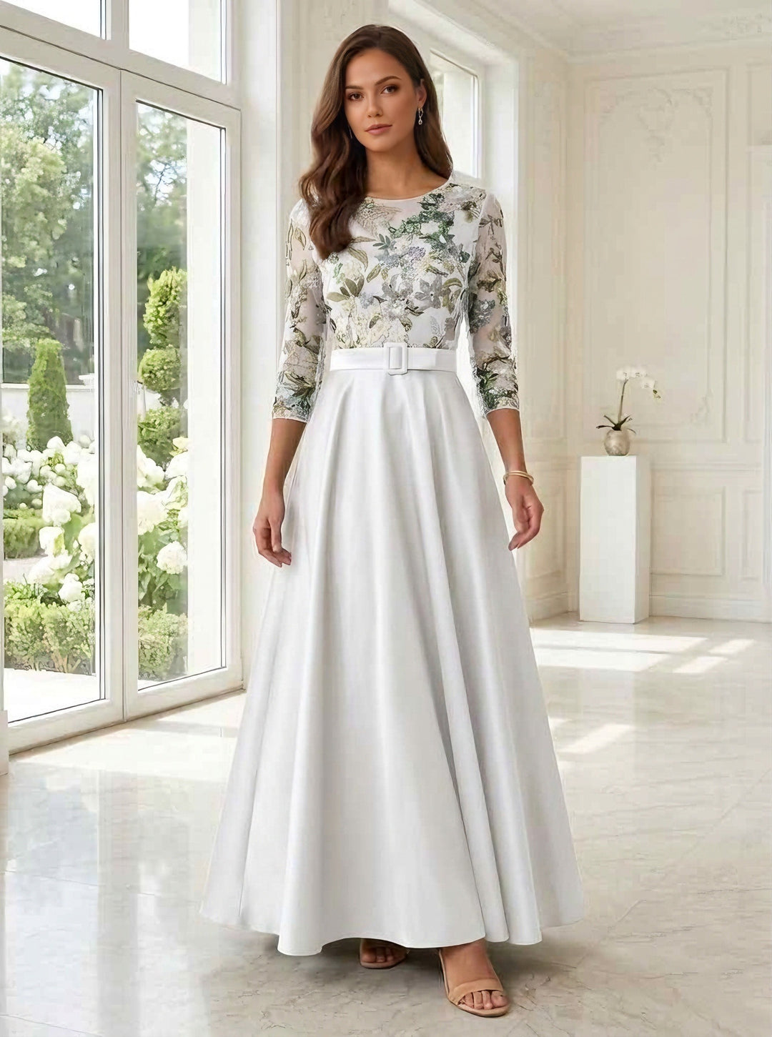 A-Line/Princess Scoop Satin Mother of the Bride Dresses Lace Sequins Floral 3/4 Sleeves Ankle-Length Belt