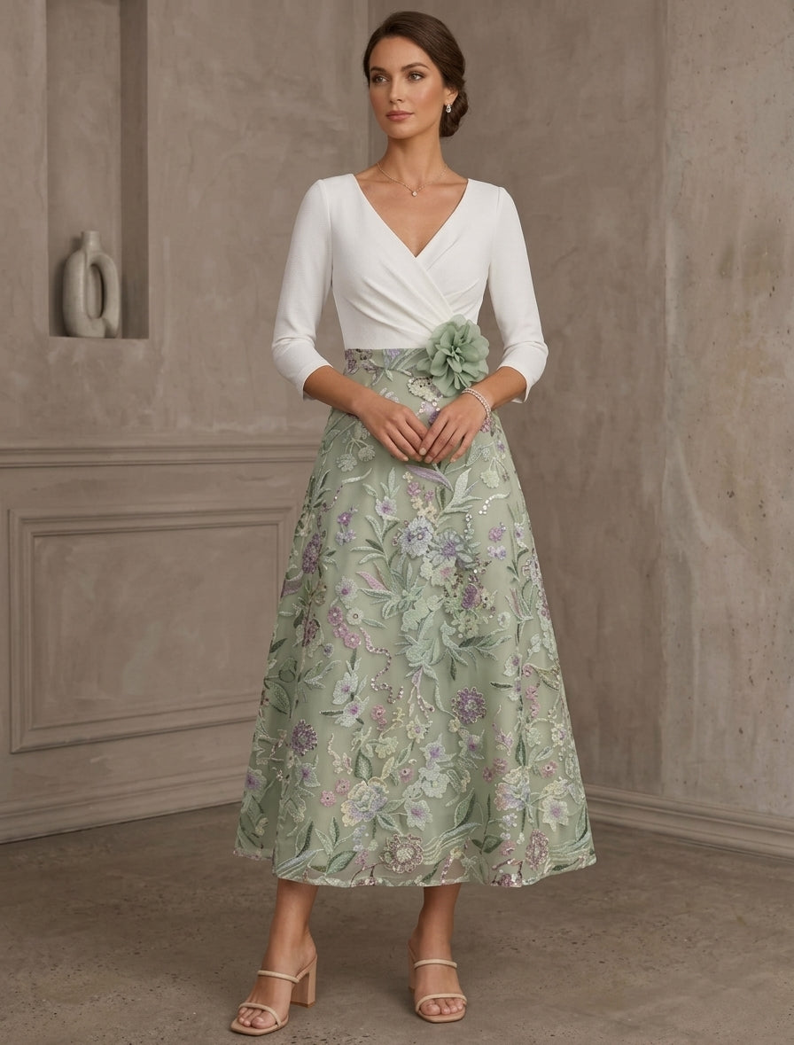 A-Line/Princess V-Neck Stretch Satin Mother of the Bride Dresses with 3D Flower Lace Floral 3/4 Sleeves Tea-Length