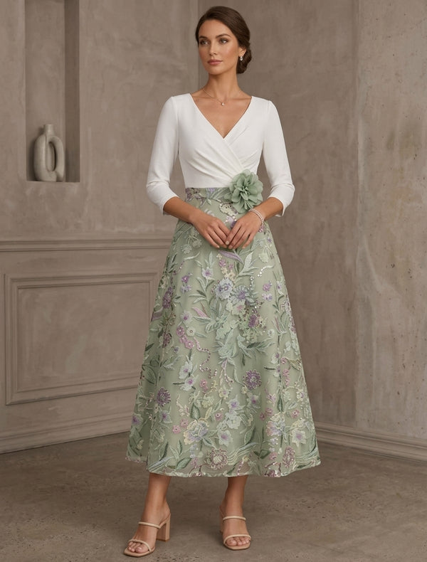 A-Line/Princess V-Neck Stretch Satin Mother of the Bride Dresses with 3D Flower Lace Floral 3/4 Sleeves Tea-Length