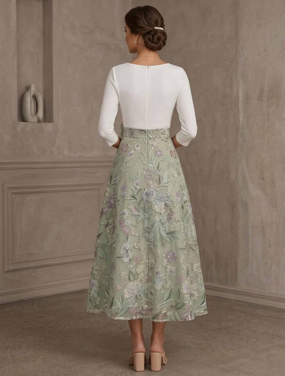 A-Line/Princess V-Neck Stretch Satin Mother of the Bride Dresses with 3D Flower Lace Floral 3/4 Sleeves Tea-Length