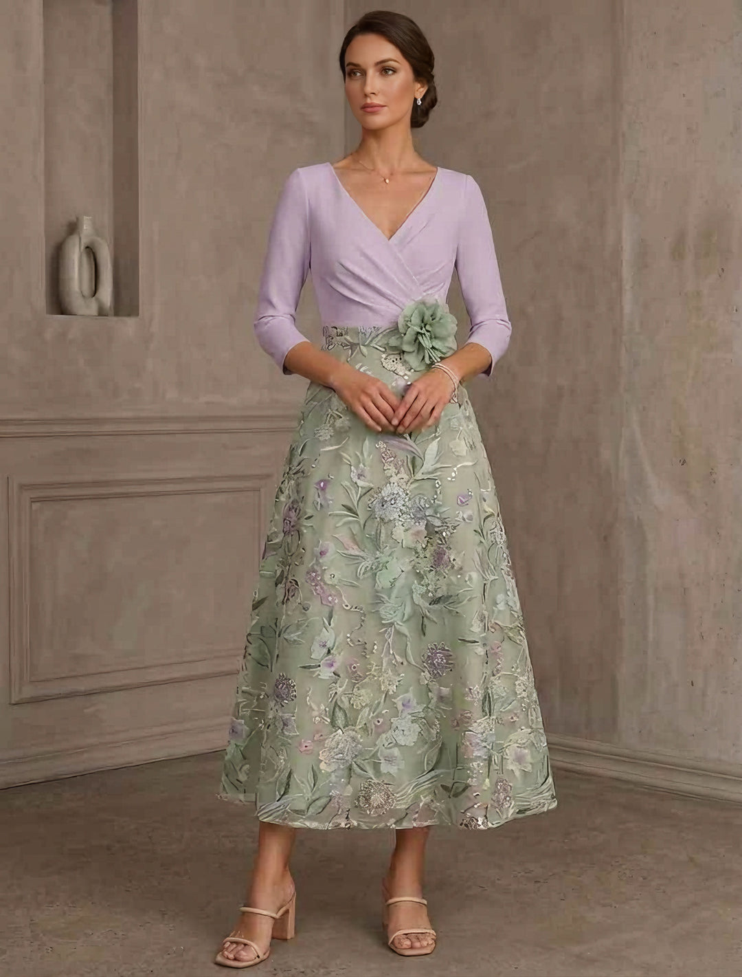A-Line/Princess V-Neck Stretch Satin Mother of the Bride Dresses with 3D Flower Lace Floral 3/4 Sleeves Tea-Length