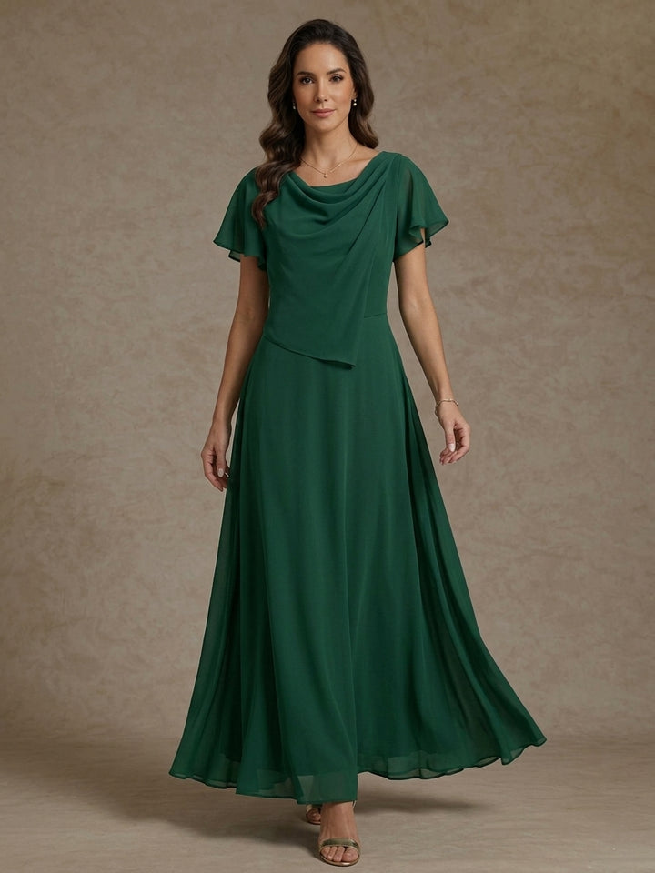 A-Line/Princess Cowl Neck Chiffon Mother of the Bride Dresses Ankle-Length Short Sleeves Ruched