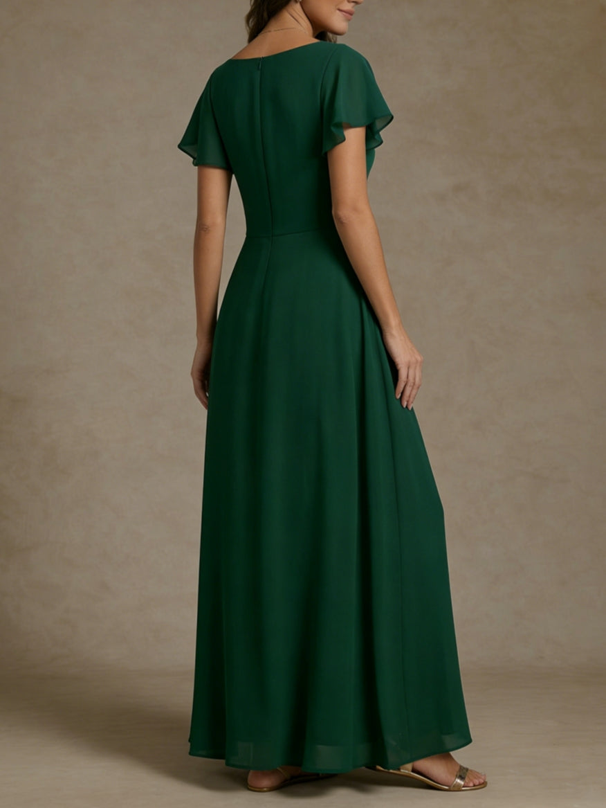 A-Line/Princess Cowl Neck Chiffon Mother of the Bride Dresses Ankle-Length Short Sleeves Ruched