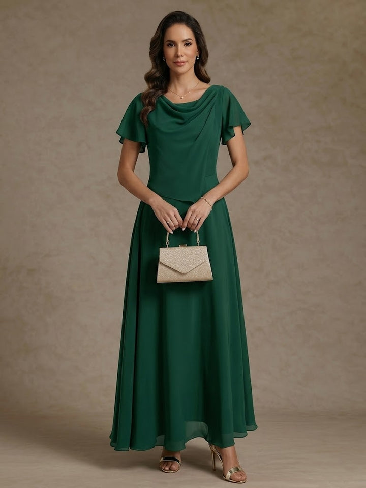A-Line/Princess Cowl Neck Chiffon Mother of the Bride Dresses Ankle-Length Short Sleeves Ruched