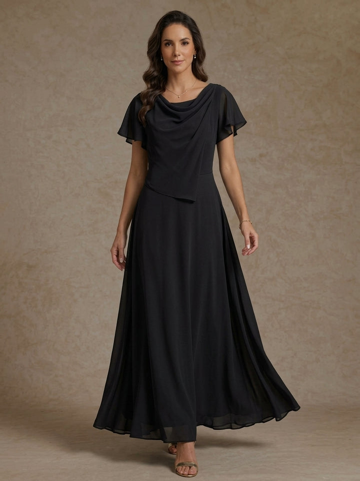 A-Line/Princess Cowl Neck Chiffon Mother of the Bride Dresses Ankle-Length Short Sleeves Ruched