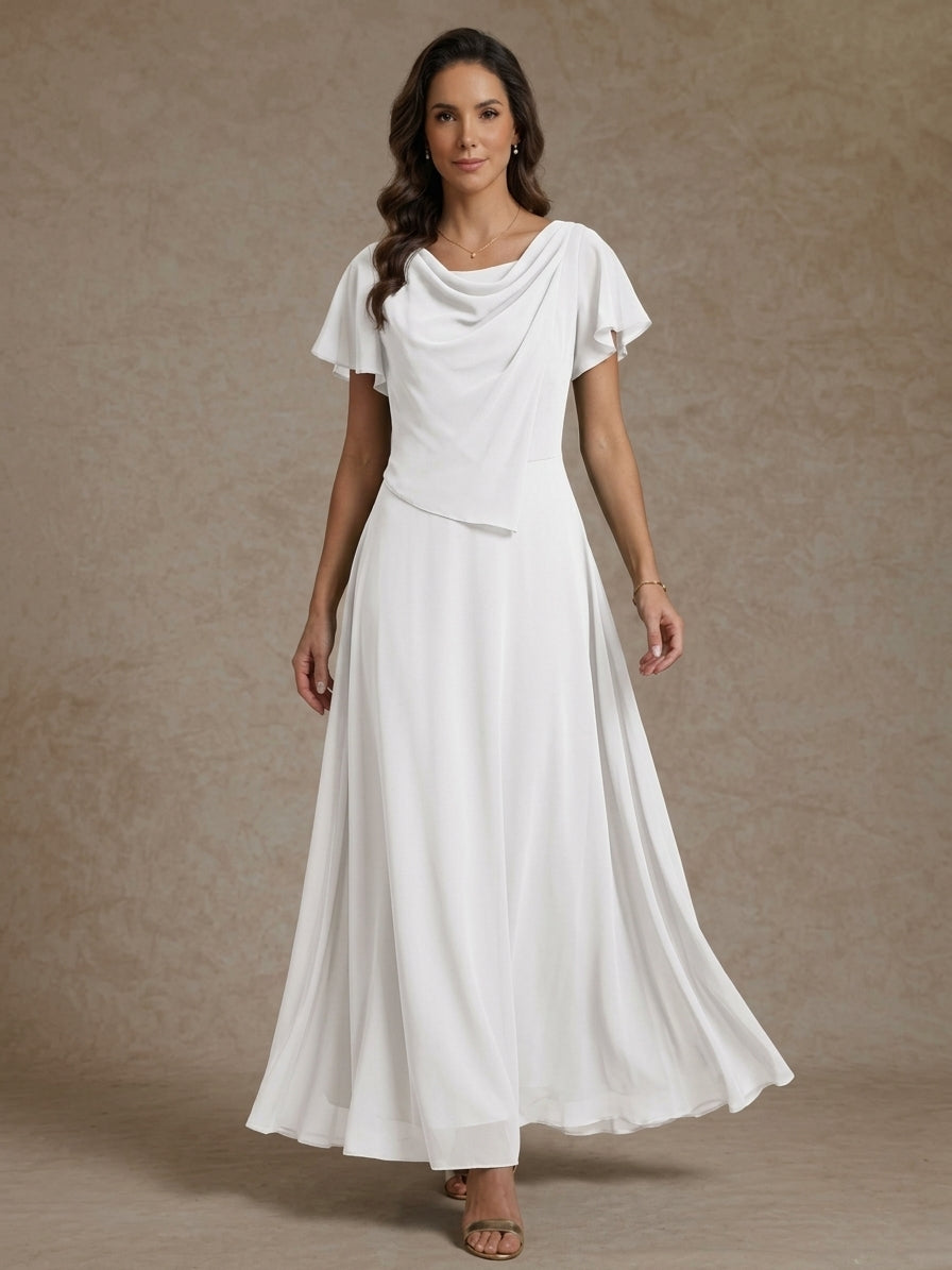 A-Line/Princess Cowl Neck Chiffon Mother of the Bride Dresses Ankle-Length Short Sleeves Ruched