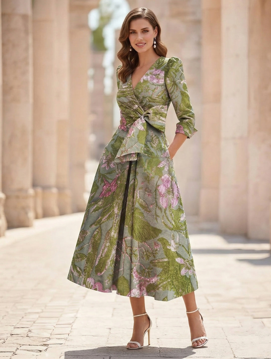 A-Line/Princess V-Neck Printed Satin Mother of the Bride Dresses with Bowknot 3/4 Sleeves Floral Tea-Length