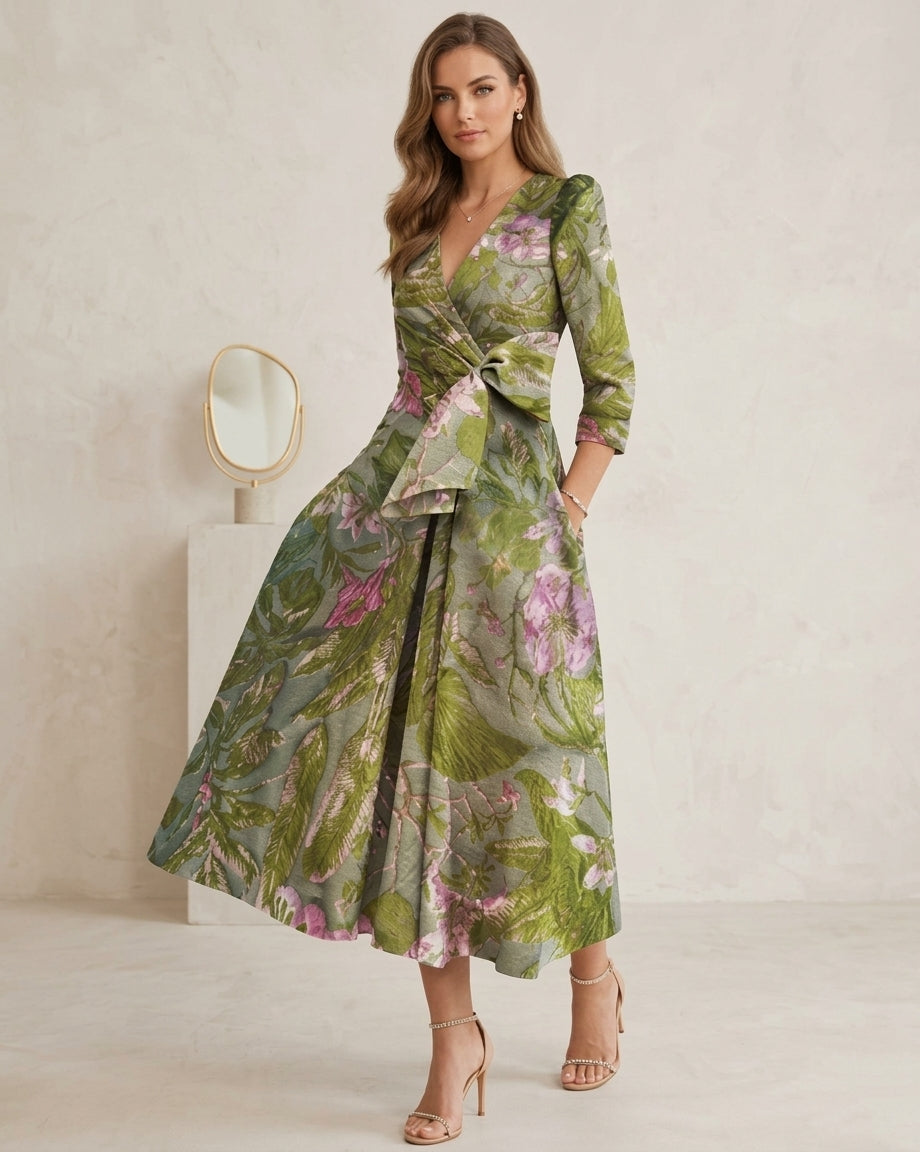 A-Line/Princess V-Neck Printed Satin Mother of the Bride Dresses with Bowknot 3/4 Sleeves Floral Tea-Length