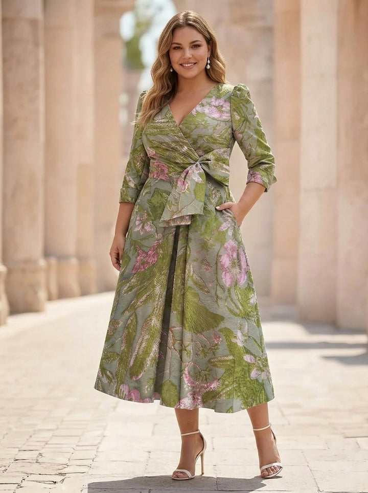 A-Line/Princess V-Neck Printed Satin Plus Size Mother of the Bride Dresses with Bowknot 3/4 Sleeves Floral Tea-Length