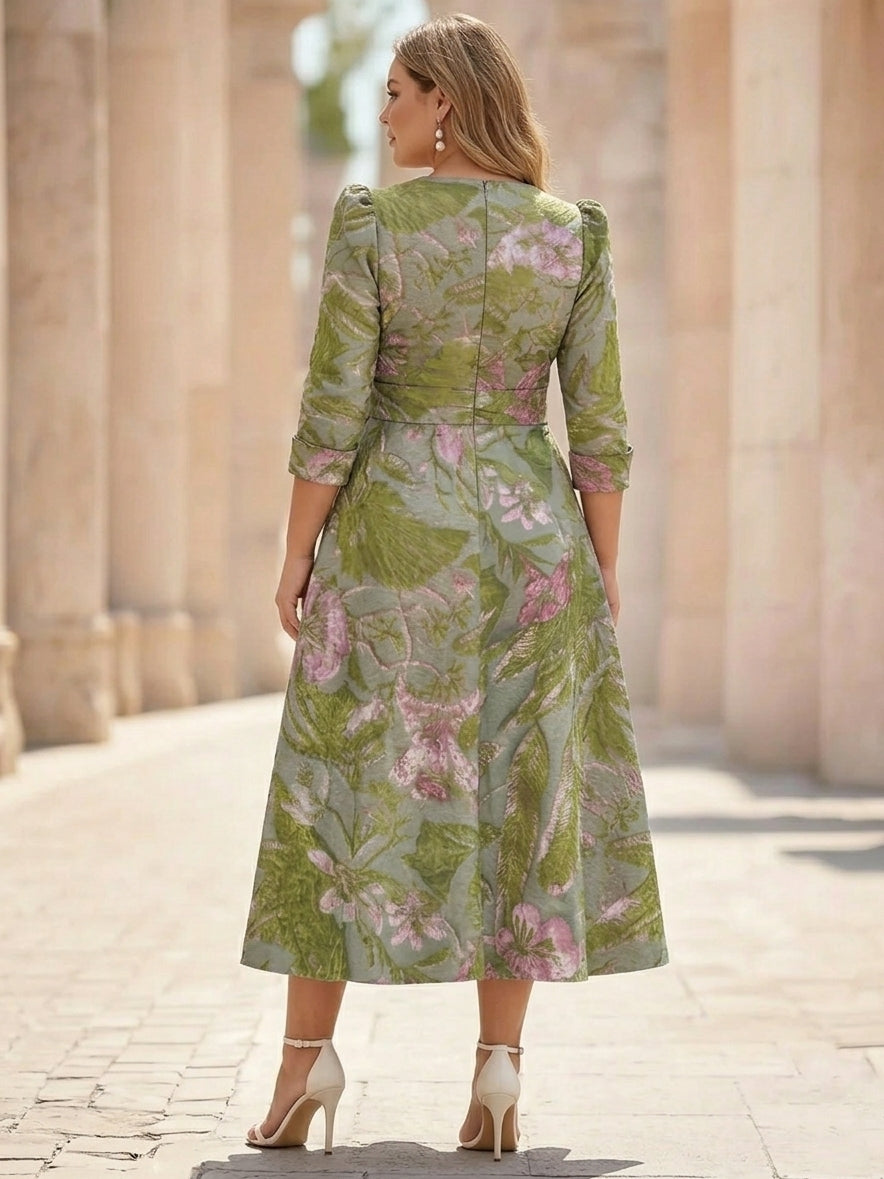 A-Line/Princess V-Neck Printed Satin Plus Size Mother of the Bride Dresses with Bowknot 3/4 Sleeves Floral Tea-Length