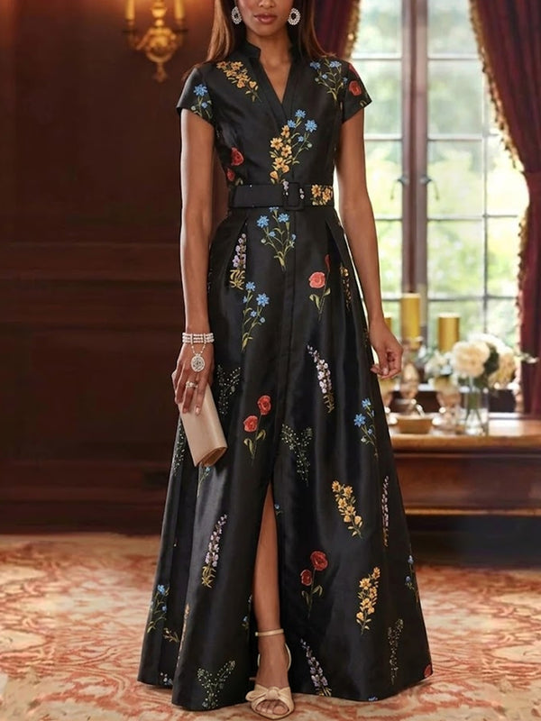 A-Line/Princess V-Neck Printed Satin Mother of the Bride Dresses with Split Side Floral Short Sleeves Floor-Length Belt