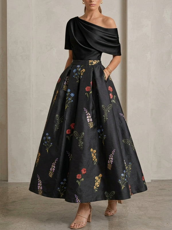 A-Line/Princess One-Shoulder Mother of the Bride Dresses Satin Floral Short Sleeves Ankle Length
