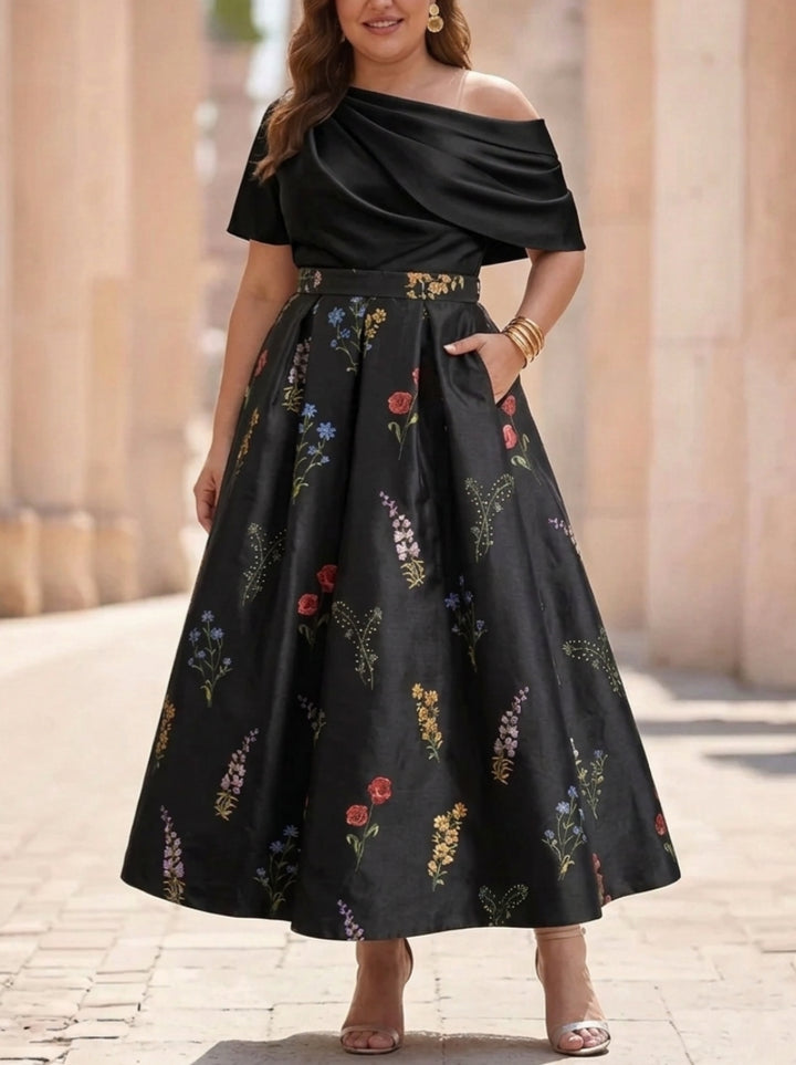 A-Line/Princess One-Shoulder Plus Size Mother of the Bride Dresses Satin Floral Short Sleeves Ankle Length