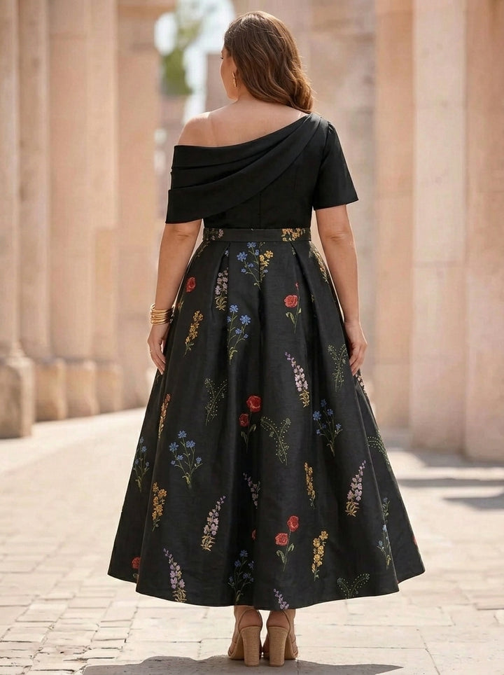 A-Line/Princess One-Shoulder Plus Size Mother of the Bride Dresses Satin Floral Short Sleeves Ankle Length