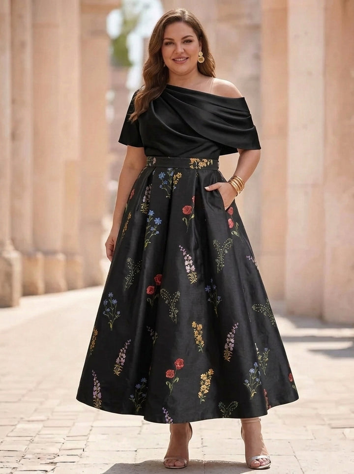 A-Line/Princess One-Shoulder Plus Size Mother of the Bride Dresses Satin Floral Short Sleeves Ankle Length