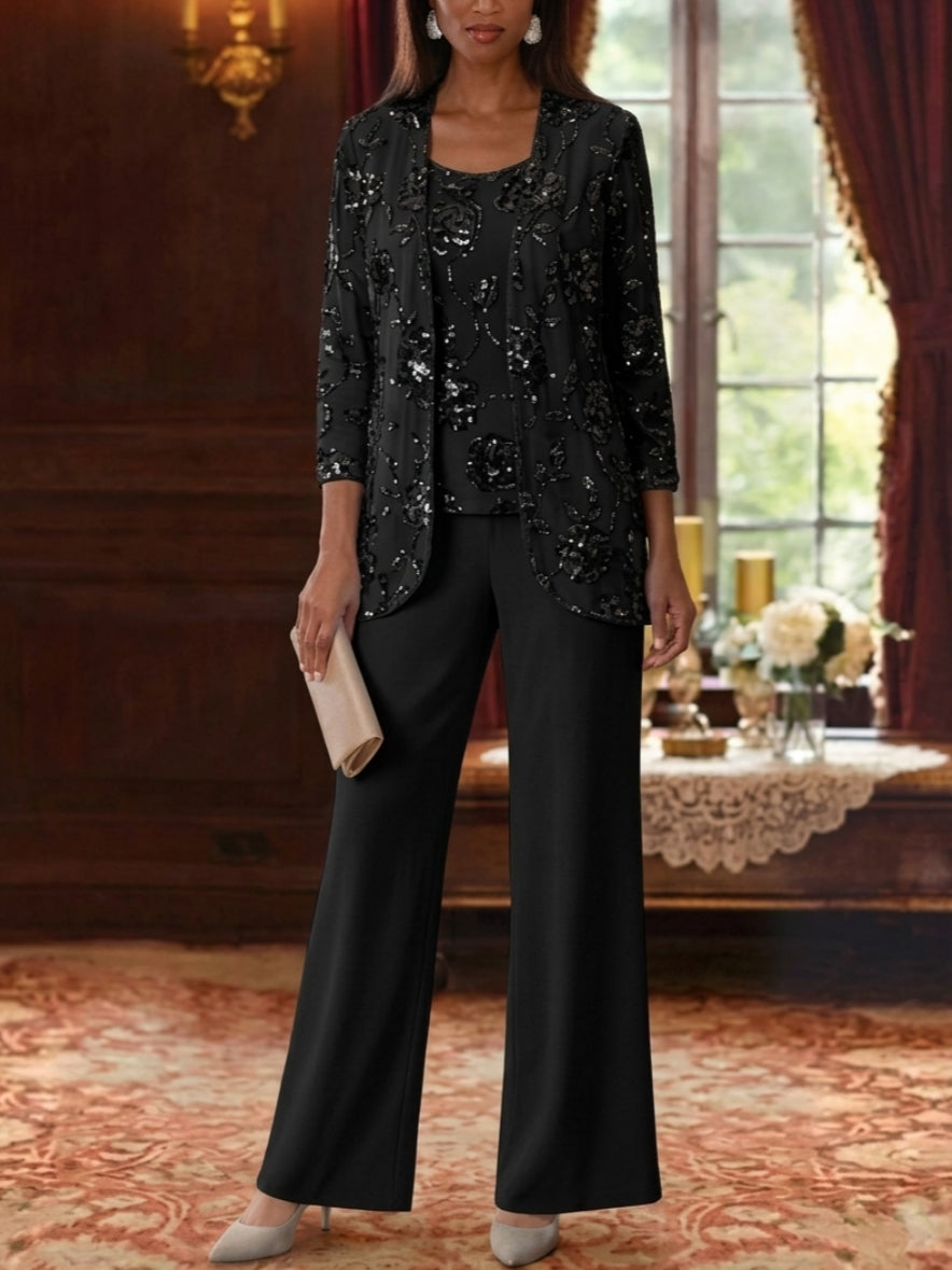 3 Pieces Suit Scoop Chiffon Mother of the Bride Pantsuits with Jacket Sequins Ankle-Length 3/4 Sleeves
