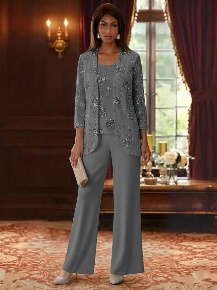 3 Pieces Suit Scoop Chiffon Mother of the Bride Pantsuits with Jacket Sequins Ankle-Length 3/4 Sleeves