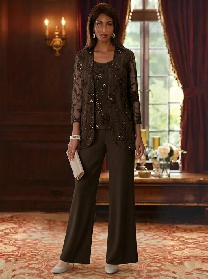 3 Pieces Suit Scoop Chiffon Mother of the Bride Pantsuits with Jacket Sequins Ankle-Length 3/4 Sleeves