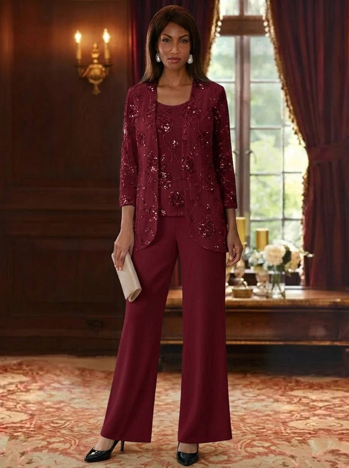 3 Pieces Suit Scoop Chiffon Mother of the Bride Pantsuits with Jacket Sequins Ankle-Length 3/4 Sleeves
