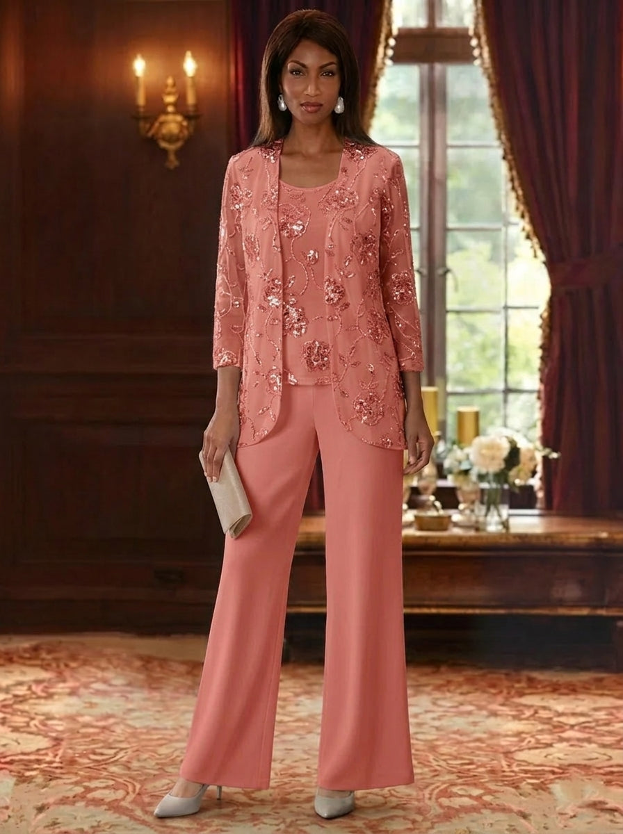 3 Pieces Suit Scoop Chiffon Mother of the Bride Pantsuits with Jacket Sequins Ankle-Length 3/4 Sleeves