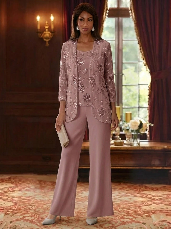3 Pieces Suit Scoop Chiffon Mother of the Bride Pantsuits with Jacket Sequins Ankle-Length 3/4 Sleeves