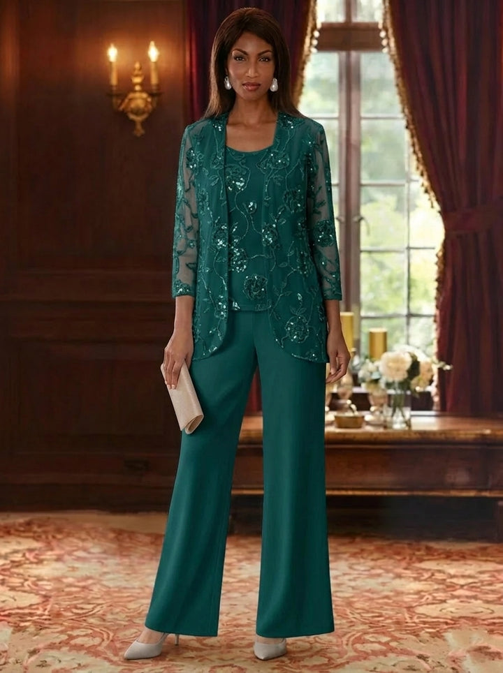 3 Pieces Suit Scoop Chiffon Mother of the Bride Pantsuits with Jacket Sequins Ankle-Length 3/4 Sleeves