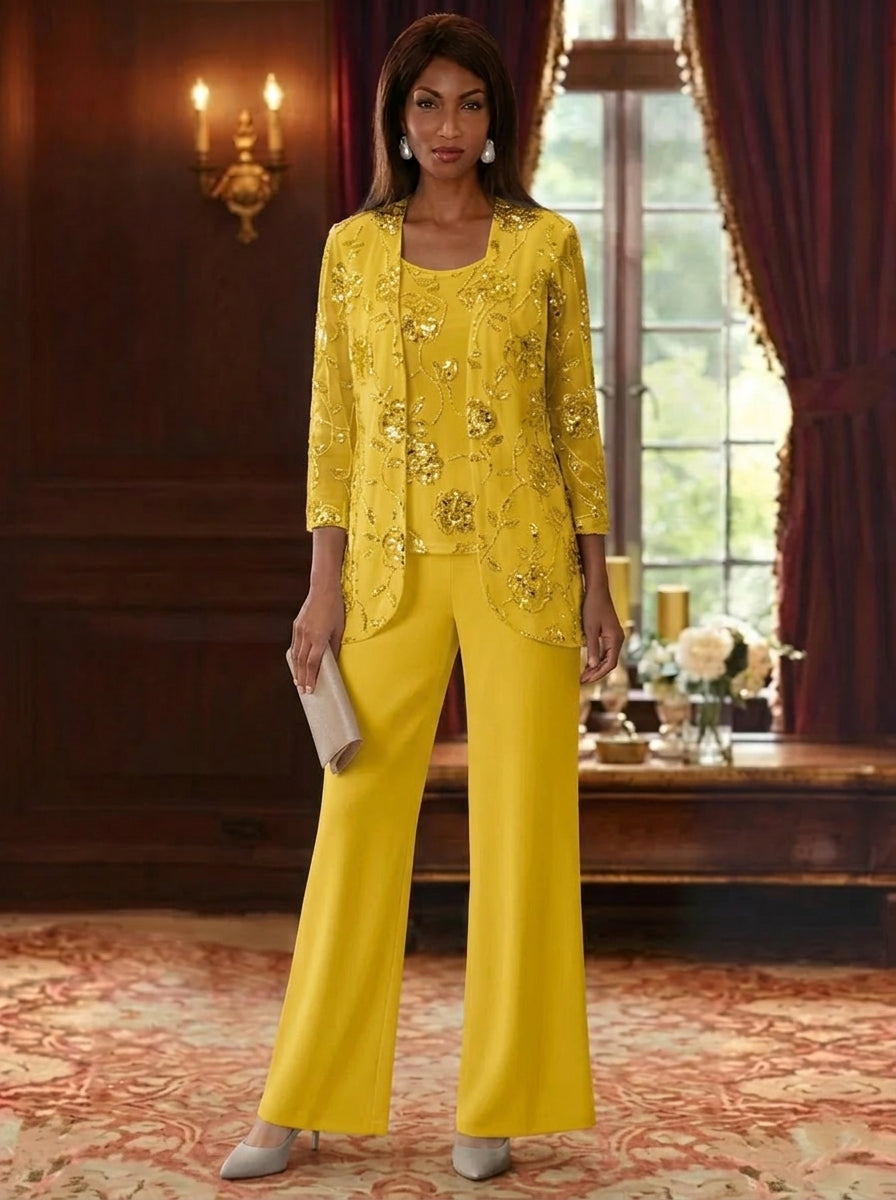3 Pieces Suit Scoop Chiffon Mother of the Bride Pantsuits with Jacket Sequins Ankle-Length 3/4 Sleeves