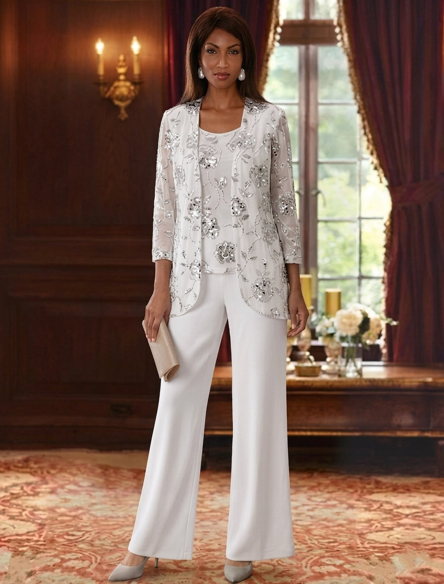 ankle length chiffon pantsuit with 3/4 sleeve jacket