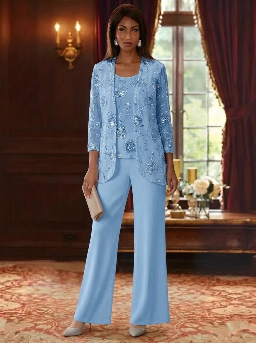 3 Pieces Suit Scoop Chiffon Mother of the Bride Pantsuits with Jacket Sequins Ankle-Length 3/4 Sleeves