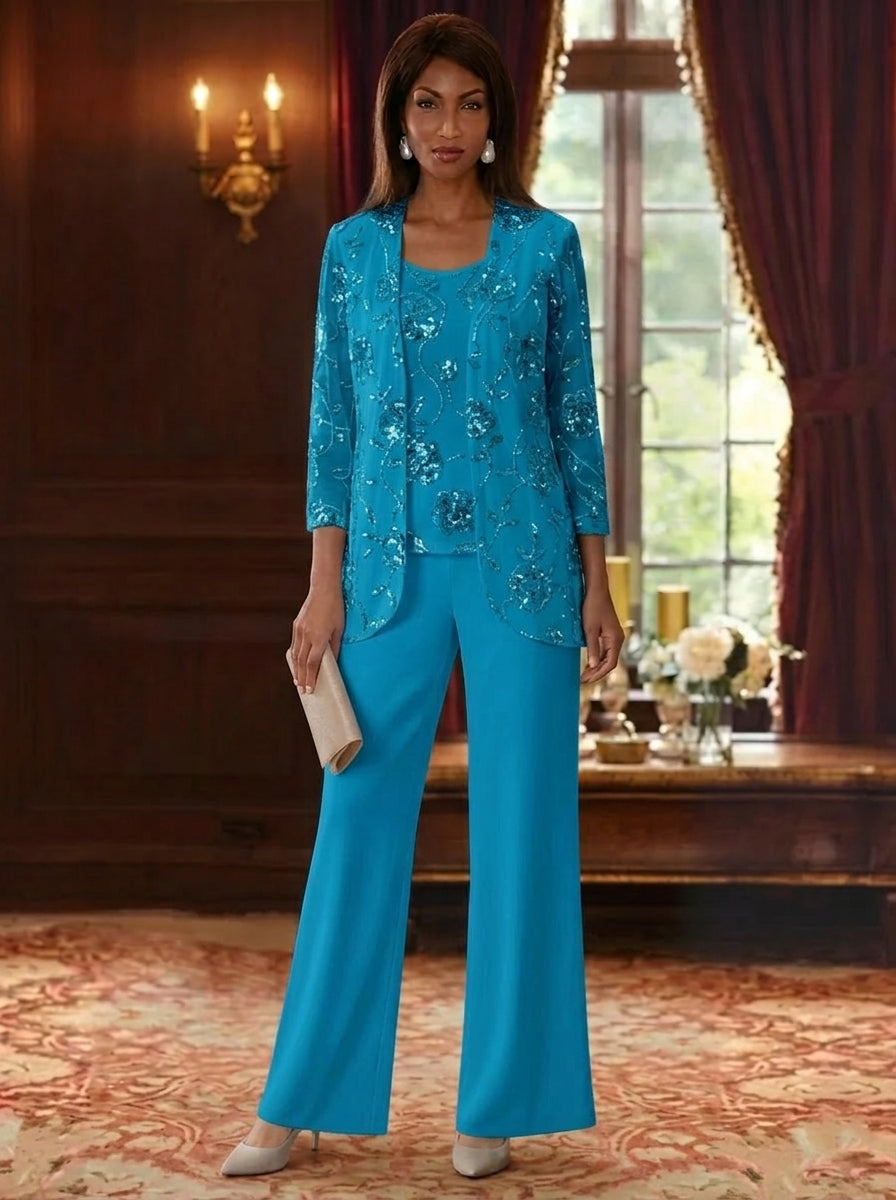 3 Pieces Suit Scoop Chiffon Mother of the Bride Pantsuits with Jacket Sequins Ankle-Length 3/4 Sleeves