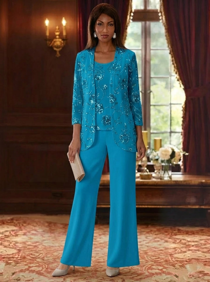 3 Pieces Suit Scoop Chiffon Mother of the Bride Pantsuits with Jacket Sequins Ankle-Length 3/4 Sleeves
