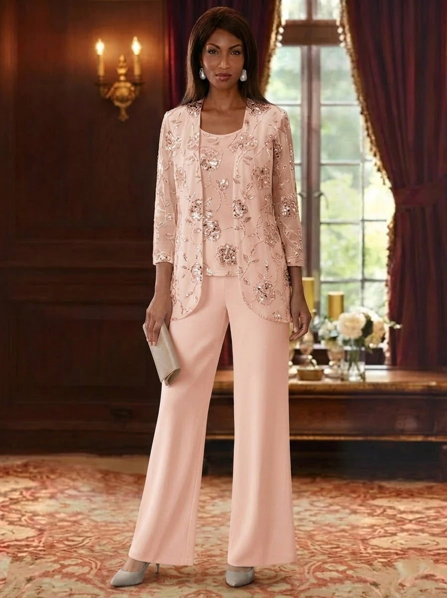 3 Pieces Suit Scoop Chiffon Mother of the Bride Pantsuits with Jacket Sequins Ankle-Length 3/4 Sleeves
